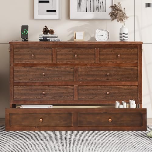 KEIKI Queen Size Cabinet Murphy Bed with Charging Station and Drawer, Multiple Storage Foldable Hideaway Wall Murphy Bed Frame with Solid Slat