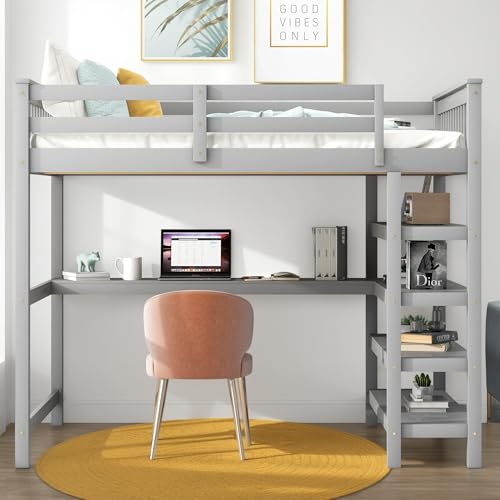 Full Size Loft Bed with L-Shaped Desk, Wardrobe and Storage Shelves, Solid Wood Bedframe w/Safety Guardrails & Ladder for Kids Teens Adults