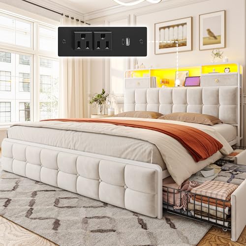 EnHomee King Size Bed Frame with 4 Storage Drawers King Bed Frame with Headboard Built in Charging Station and LED Lights, No Noise