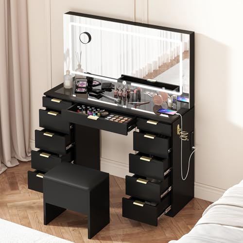 Farmhouse Vanity Desk with Sliding Lighted Mirror & Stool, Vanity Dresser Combo, Large Makeup Vanity with 8 Storage Shelves, 5 Drawers