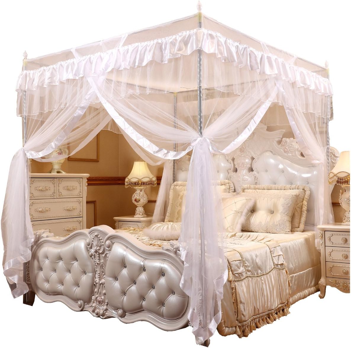 Mengersi Black Canopy Bed Curtains Queen Size, Royal Luxurious Cozy Drapes Netting- Elegant Bed Sheer Bedroom Decoration Accessories for Adults