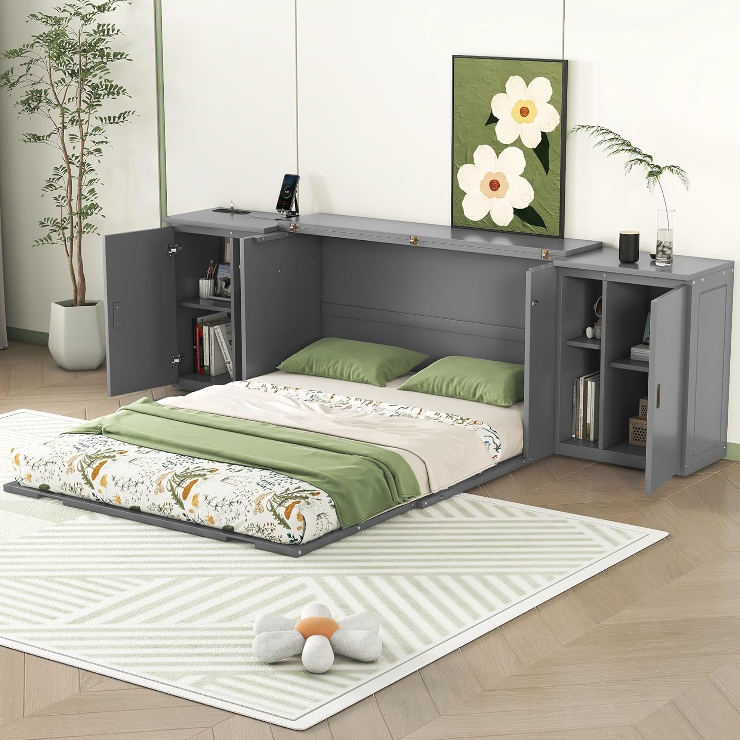 UBGO Queen Size Murphy Bed with Storage Shelves and Cabinets,2 in 1 Murphy Cube Cabinet Bed with USB Ports,Space-saving Wooden Bedframe for Bedroom