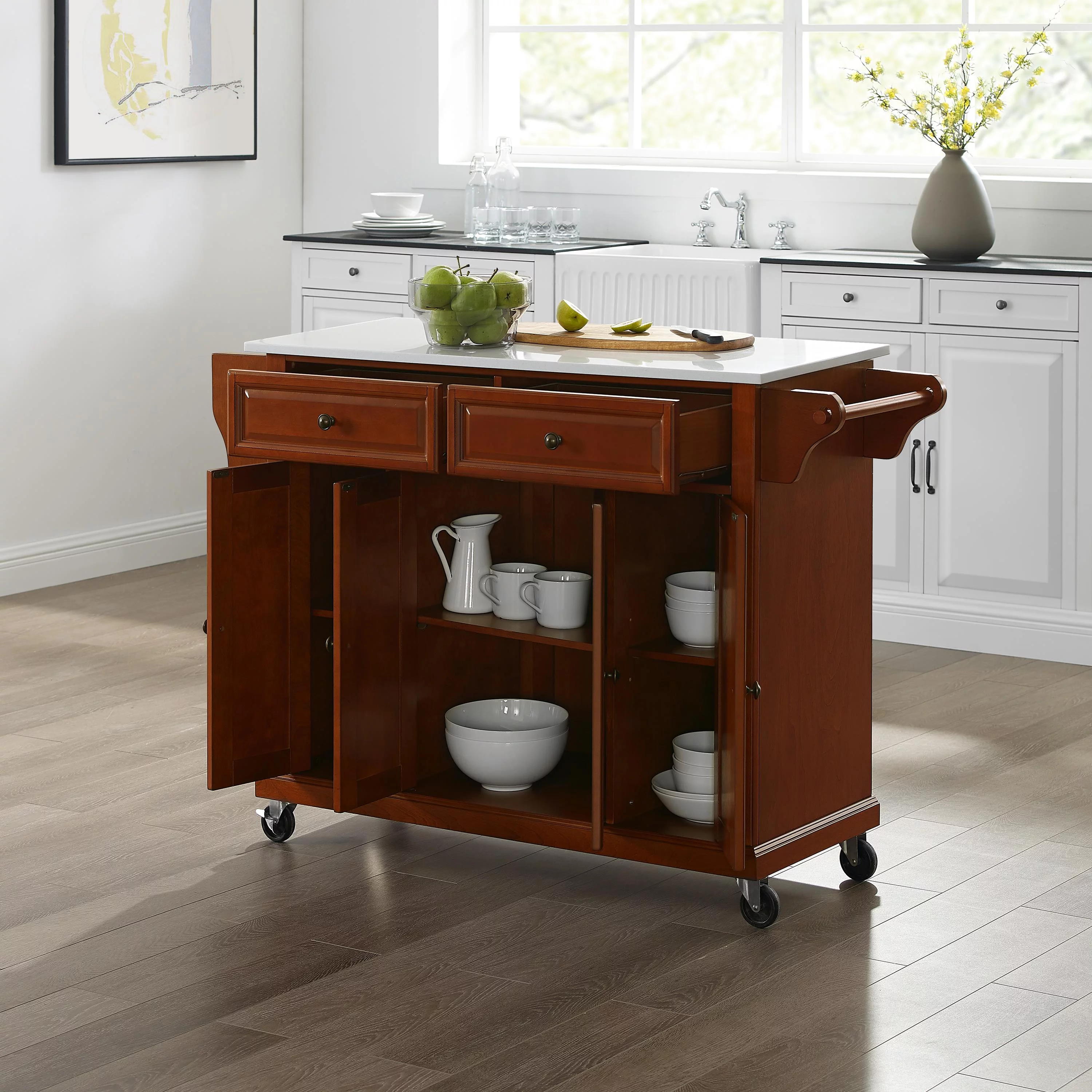 Crosley Furniture Wood Granite Top Kitchen Cart in Cherry/Gray