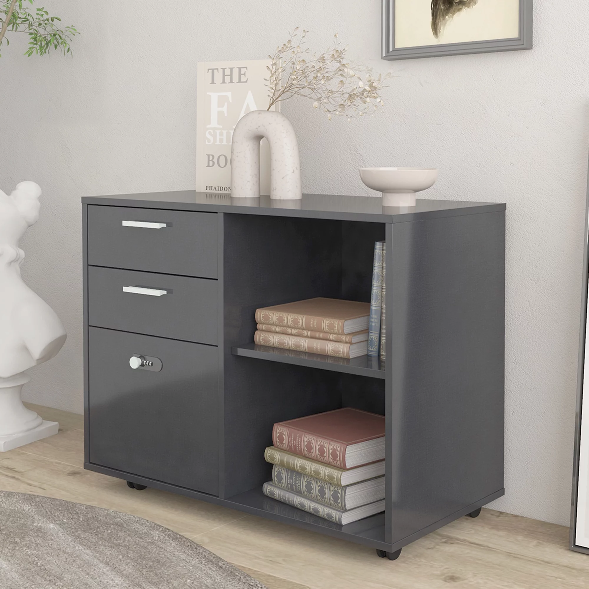 Drawer Wood File Cabinet with coded Lock, Mobile Lateral Filing Cabinet, Printer Stand with Open Storage Shelves for Home Office
