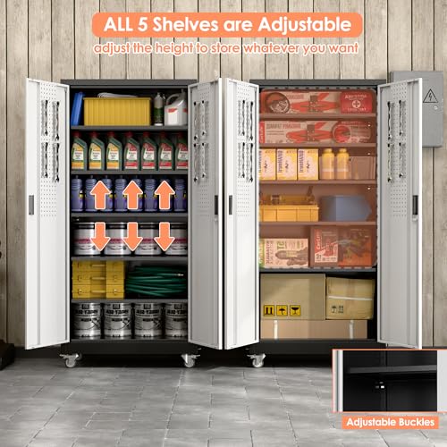 Aobabo 71" H×32" W×16" D Metal Storage Cabinet with Wheels, Garage Steel Storage Cabinet with 5 Adjustable Shelves and 4 Hooks for Home Office