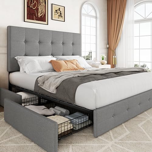 Allewie Upholstered Queen Size Platform Bed Frame with 4 Storage Drawers and Headboard, Square Stitched Button Tufted