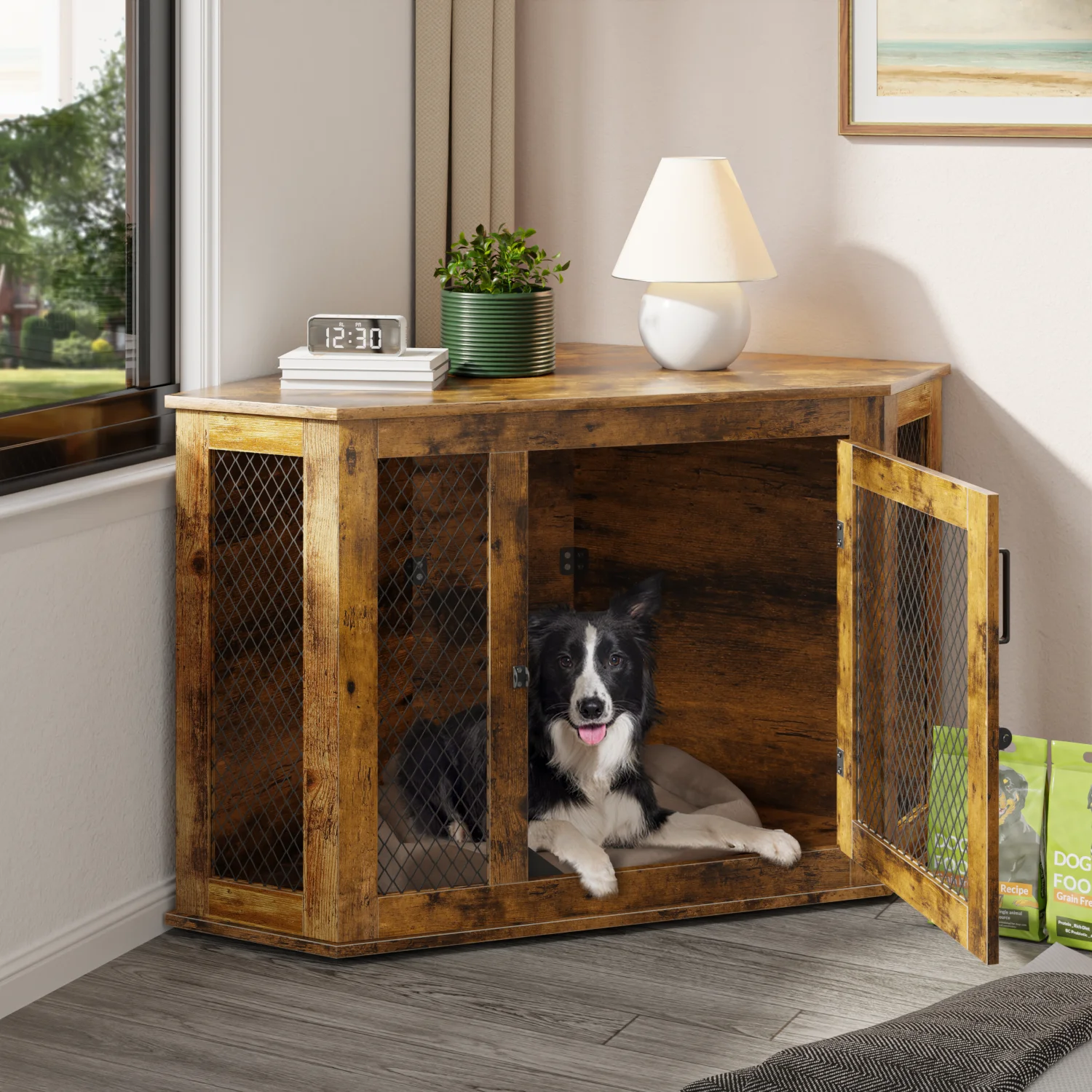 Bossin 44"Corner Dog Crate Furniture，Wooden Dog Kennel Indoor Furniture，Decorative Dog Crate