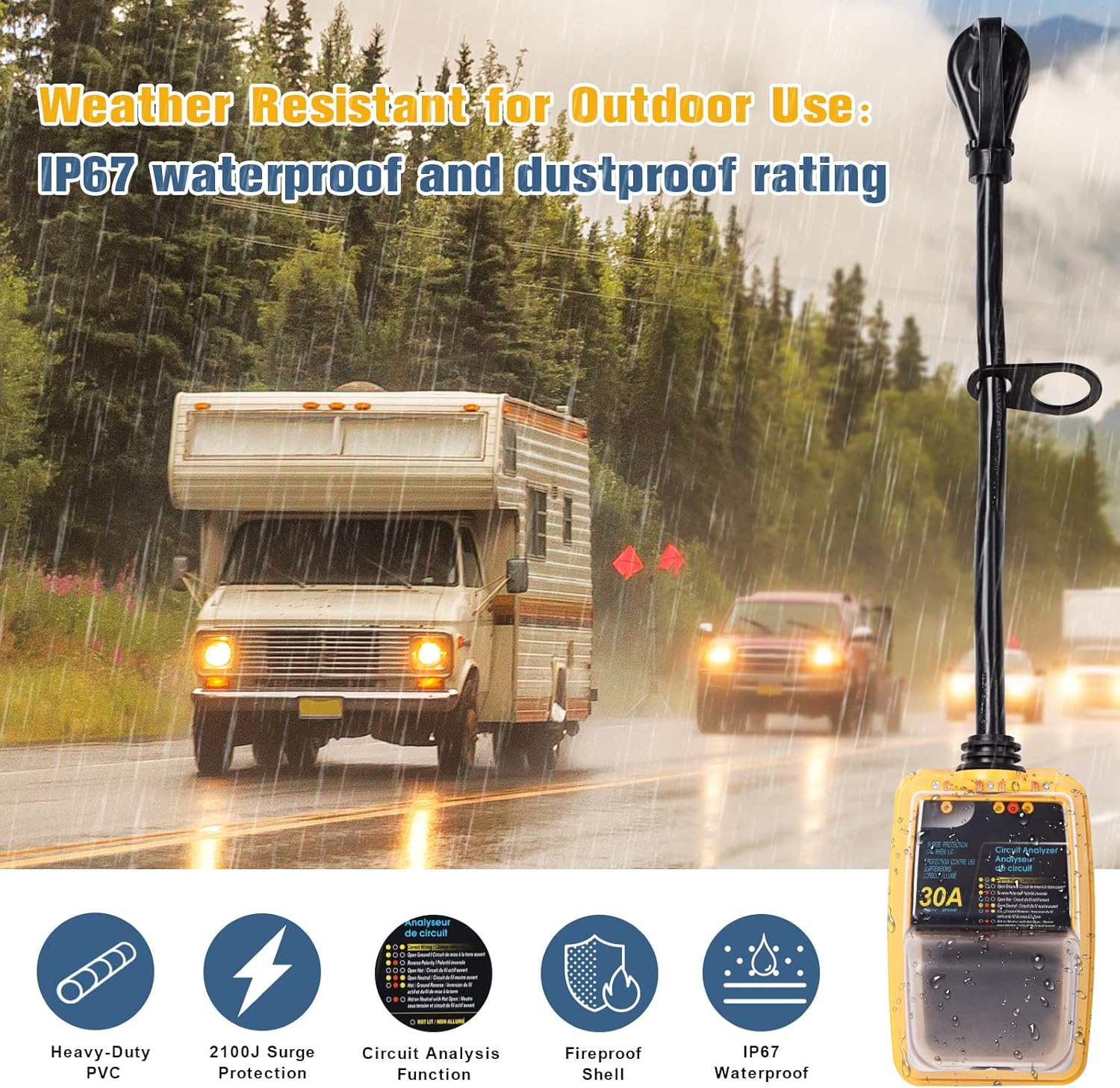 M1A2 New Generation RV Surge Protector 30 Amp with Waterproof Cover Camper Anti-Theft Circuit Analyzer Tester Plug with UL Tested