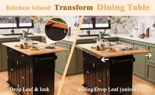 67’’ Movable Kitchen Island with Drop Leaf and Power Outlet, Lockable Sliding Countertop Rolling Island Cart with 2 Large Drawers, Spice, Towel Rack