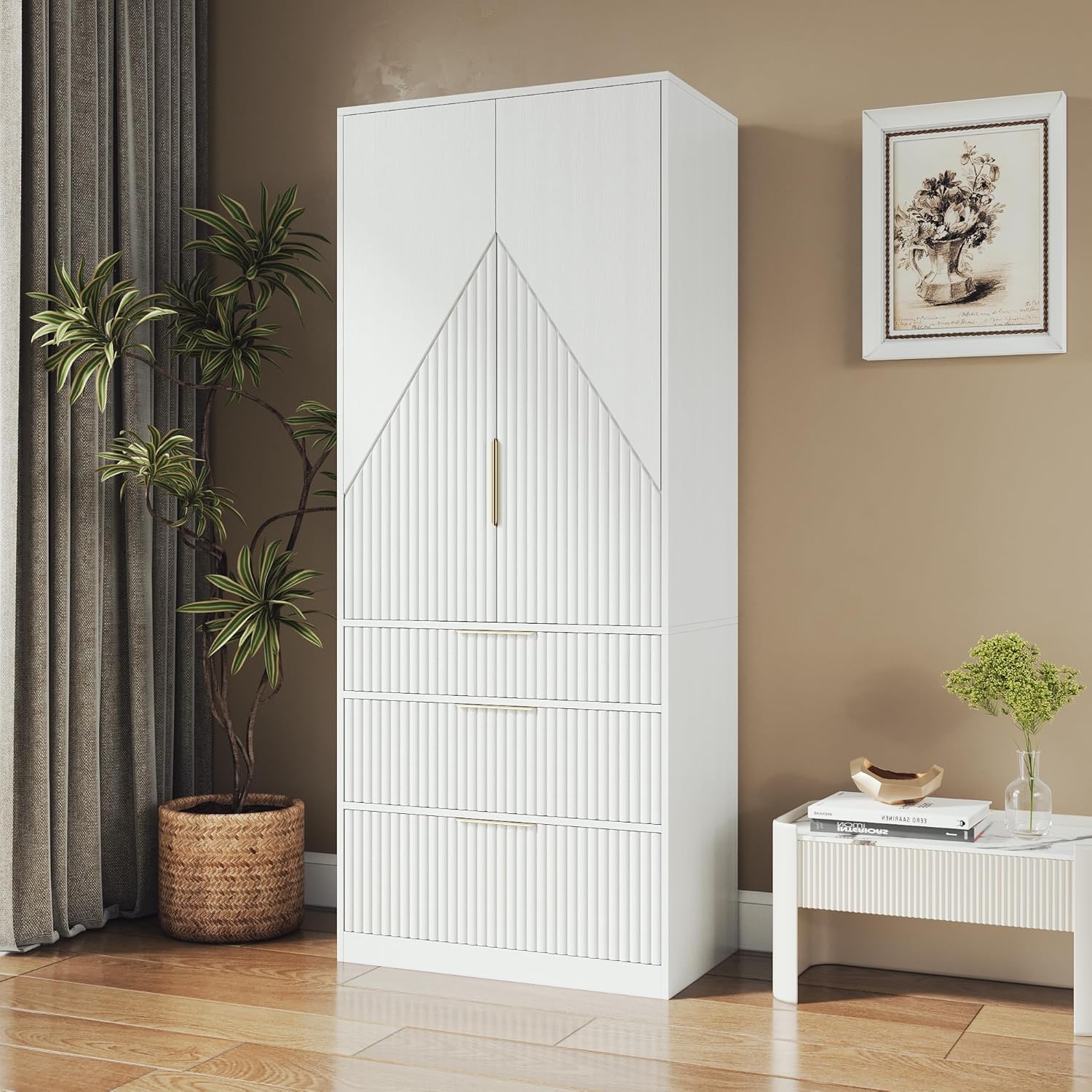 71.7 " Wardrobe Armoire Wooden Closet with 2 Doors and 3 Drawer, Bedroom Armoire with Hanging Rod Shelf, Large Capacity Storage Wardrobe Armoire