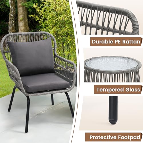 3 Piece Rattan Wicker Bistro Set, Outdoor Conversation Furniture Set with Glass Top Table, Space Saving for Balcony, Backyard, Natural