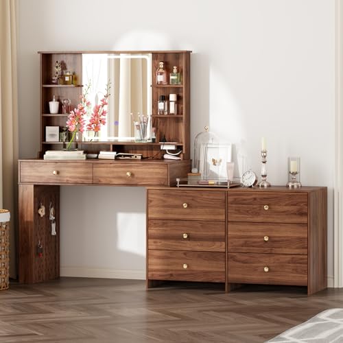 Large Makeup Vanity Desk with Mirror and Lights, Vanity Desk with 8 Drawers & Storage Shelves, Vanity Table with Power Outlet