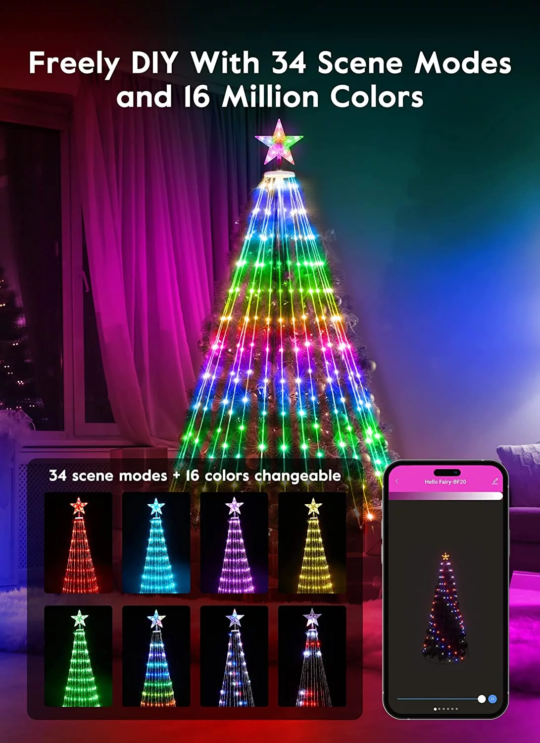 Brightown Smart Christmas Cone Tree LED Light, 6ft 265 LED Music Sync with Remote APP, Local Control, Pattern and Text Displayable