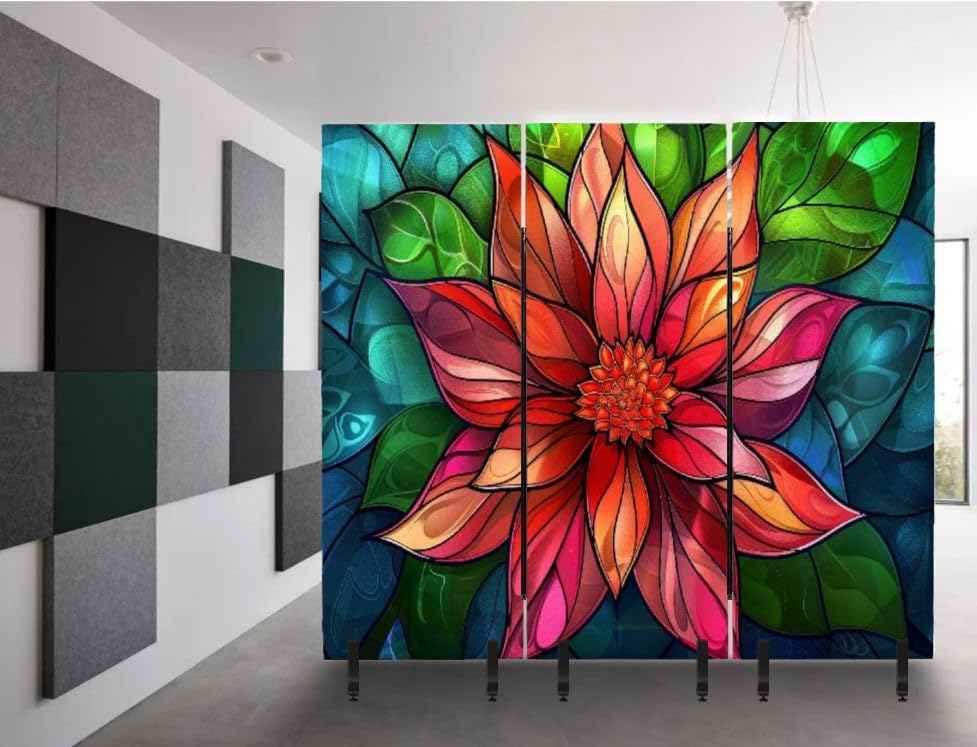3 Panels Freestanding Acoustic Room Divider Vibrant Stained Glass Flower Illustration Soundproof Privacy Screen Folding Sound Absorbing Partition