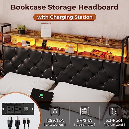 DICTAC Bed Frame King Size with Bookcase Storage Headboard and Charging Station King Size Metal Led Platform Bed with LED Lights and Upholstered