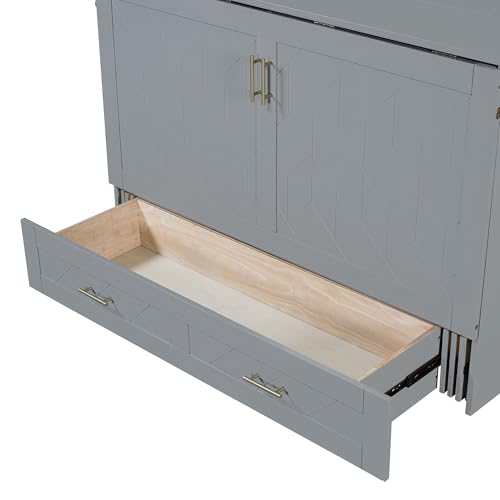 Harper & Bright Designs Queen Size Murphy Wall Bed, Chest Cube Cabinet With USB, Charging Station and Large Storage Drawer for Home Office