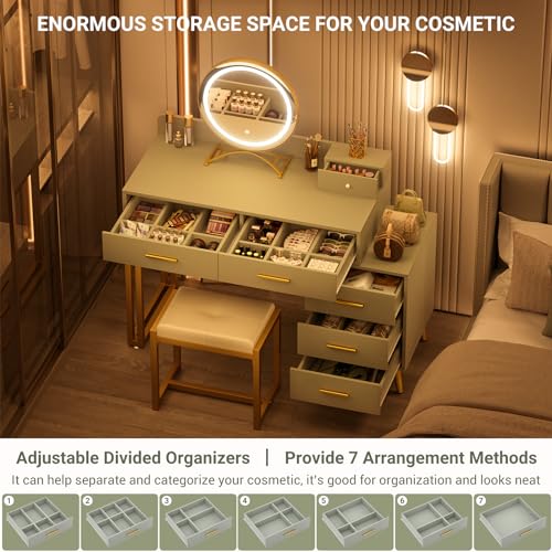 White Vanity Desk with Mirror and Lights, Modern Makeup Vanity Table Set with 6 Storage Drawers and Cushioned Stool for Bedroom