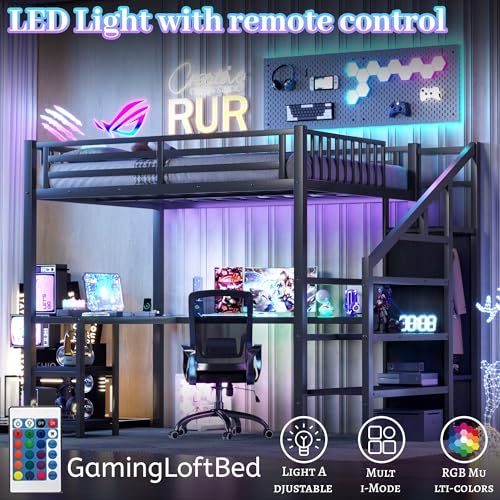 Loft Bed with Desk Queen Size, Gaming Loft Bed with LED Light for Adults, Heavy-duty Loft Beds Frame with Stairs & Wardrobe & Storage Shelves