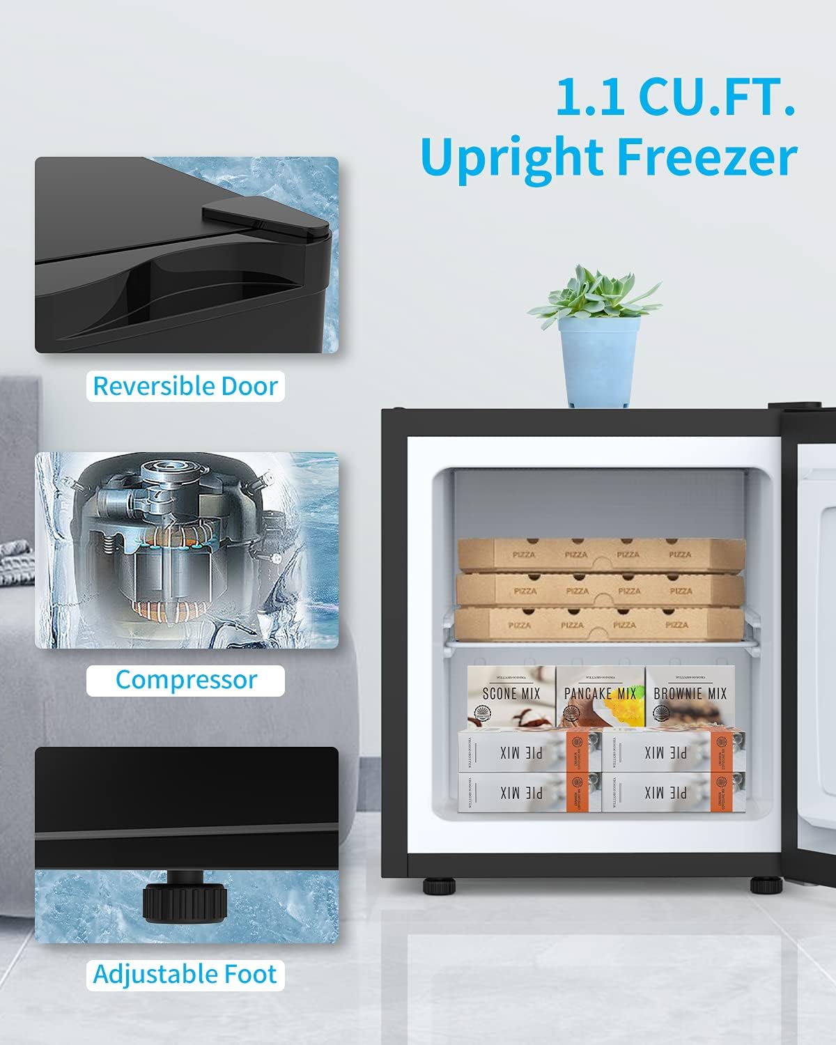 1.1 Cubic Feet Mini Freezer Countertop, Single Door Compact Upright Freezer with Reversible Door, Removable Shelves