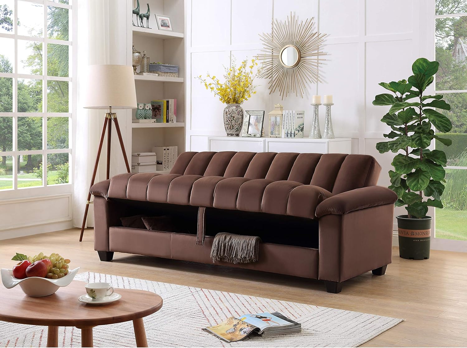 83" Convertible Modern Velvet Storage Sleeper Sofa Bed in Brown