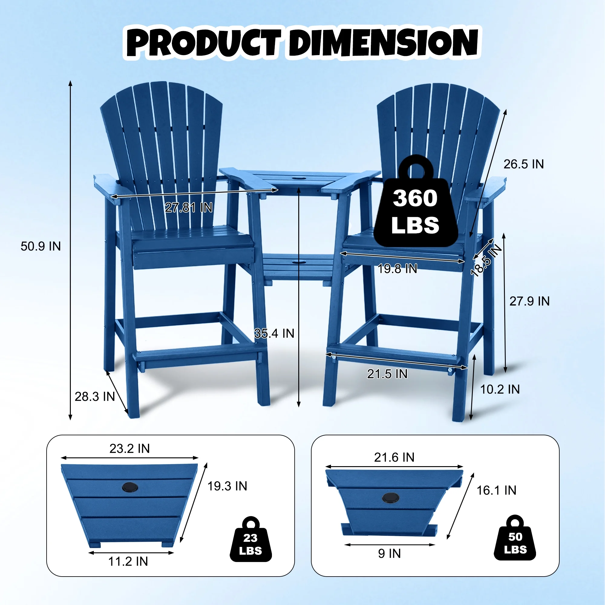 Tall Adirondack Chair Set of 2, HDPE Balcony Chair with Double Connecting Tray, Outdoor Weather Resistant Adirondack Chair, Navy Blue