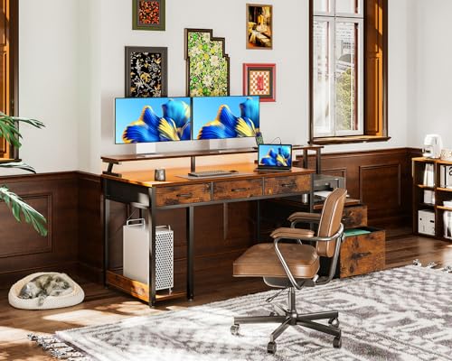 AODK 55 Inch Computer Desk with 3 Drawers and File Cabinet for Storage, Office Desk with Monitor Stand and LED Lights, Home Office Desks, Black