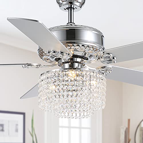 Moooni 52 Inch Modern Reversible Chandelier Fan with Lights and Remote, Elegant Crystal Fandelier Ceiling Light KIt for Bedroom Dining Room Silver