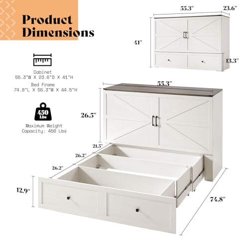 AMERLIFE Queen Murphy Bed with Storage & Charging Station, Farmhouse Murphy Cabinet with Foldable Panel, Noisy Free, for Guest Bedroom, Living Room