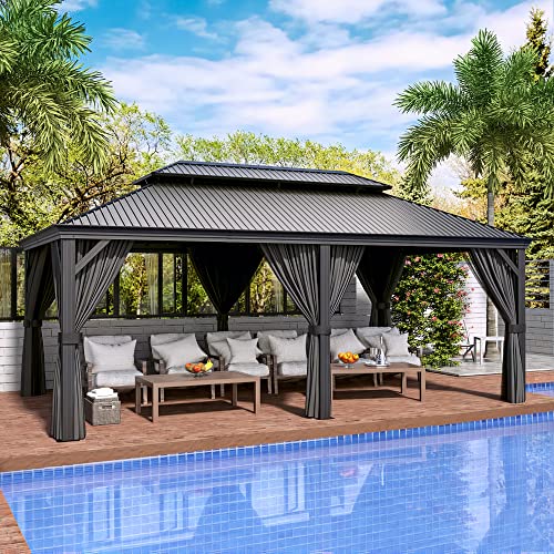 HAPPATIO 10' x 12' Hardtop Gazebo with Netting and Curtains, Double Roof Permanent Patio Metal Gazebo Canopy for Patio, Deck, Backyard （Gray）