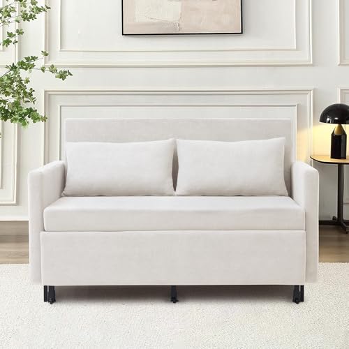 3-in-1 Sleeper Sofa Bed, 51'' Convertible Folding Couch with Pullout Bed, Chenille Futon Sleeper Sofa with Side Table and 2 Pillows