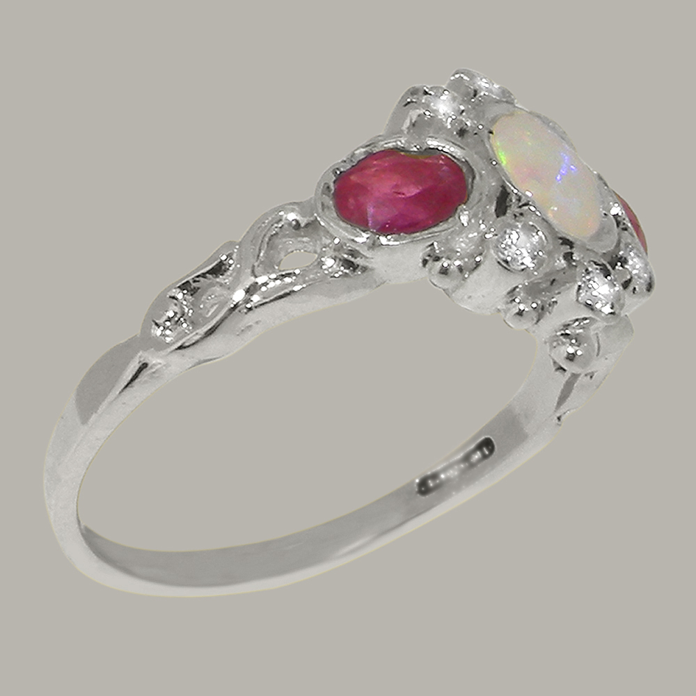 LBG English Made 9k White Gold Natural Opal Ruby Diamond Womens Anniversary Ring - Size 4.75