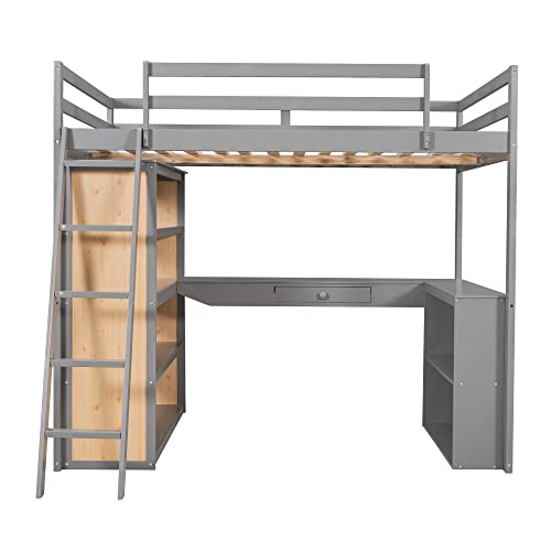 Twin Loft Bed with Staircase, Desk and Wardrobe, Wood Loft Bed with Storage Shelves and Safety Guardrail