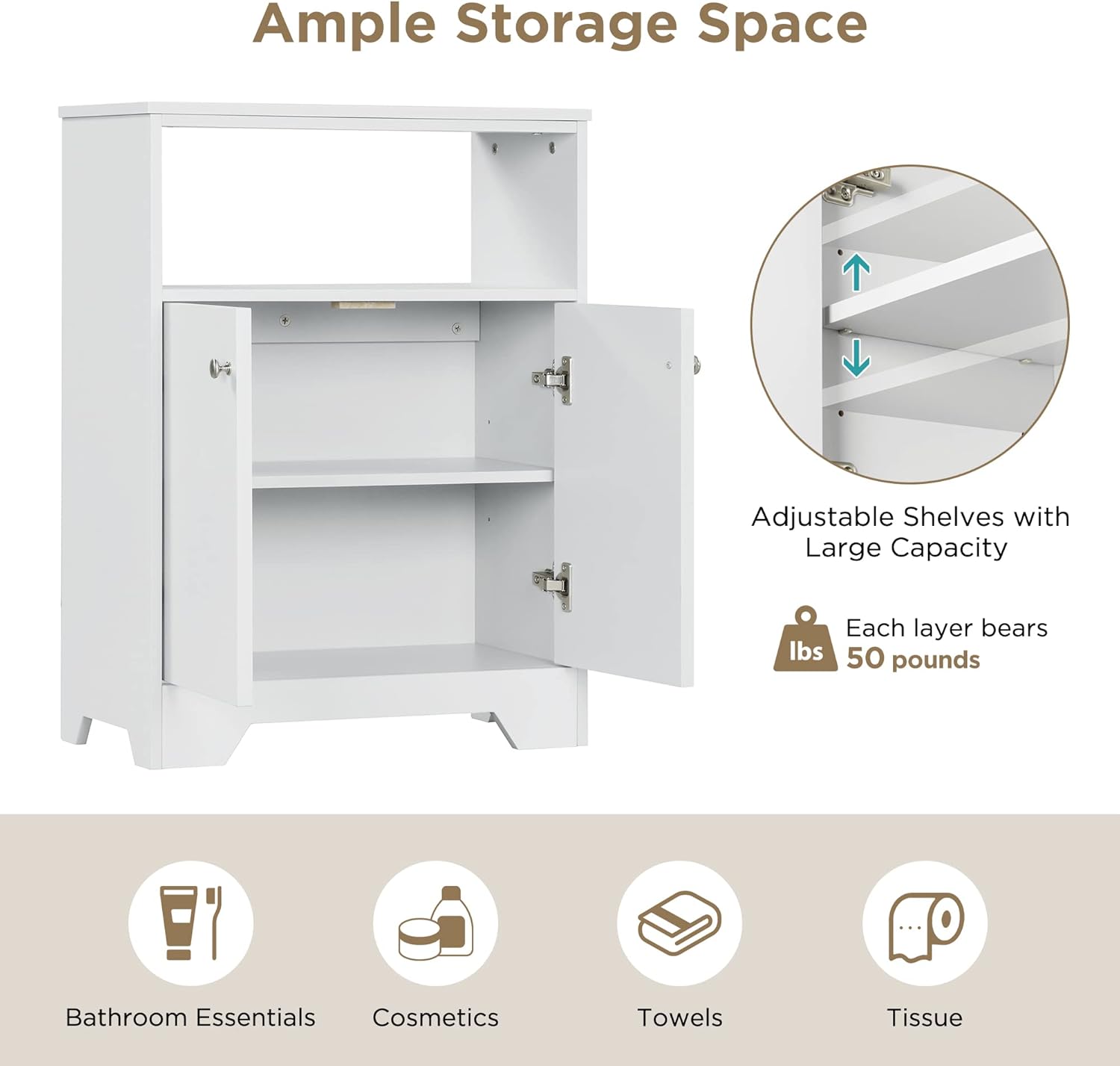 Merax White Cabinet Bathroom Storage Shelf with Double Doors, Freestanding Floor Space Saver