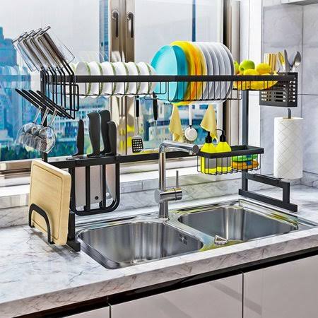 FOCUSSEXY Multifunctional 2 Tier Dish Rack Stainless Steel Over-The-Sink Dish Drying Rack Drainer Shelf for Kitchen Countertop O
