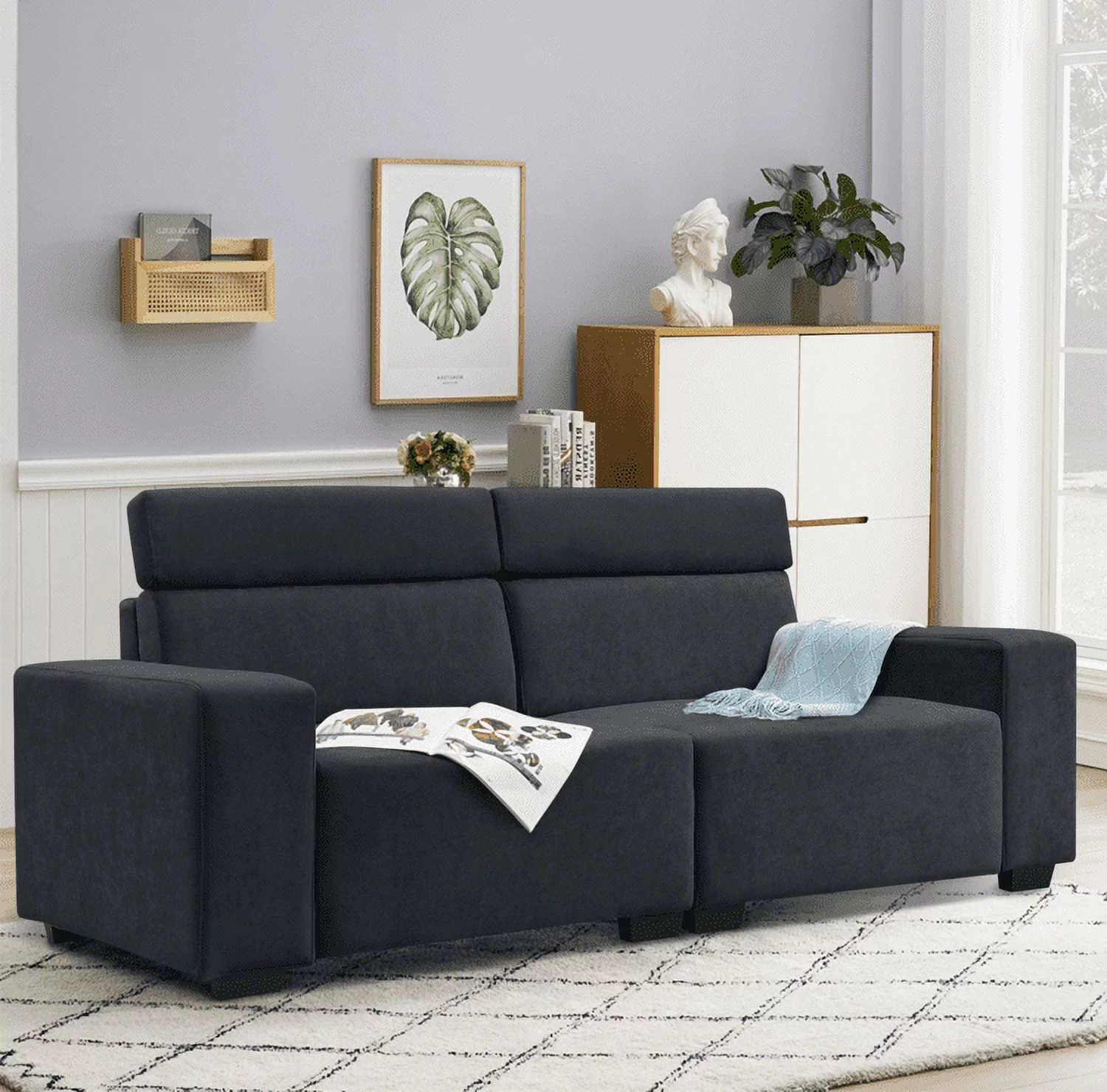 Soges 87" Velvet Loveseat Modern 2-Seater Sofa Couch with Multi-Angle Adjustable Headrest for Living Room, Black