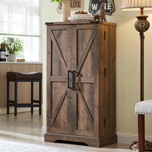 72" Tall Kitchen Pantry, Farmhouse Storage Cabinet with Barn Doors, Organizer, Drawer and Adjustable Shelves, Rustic Wood Cupboard for Kitchen