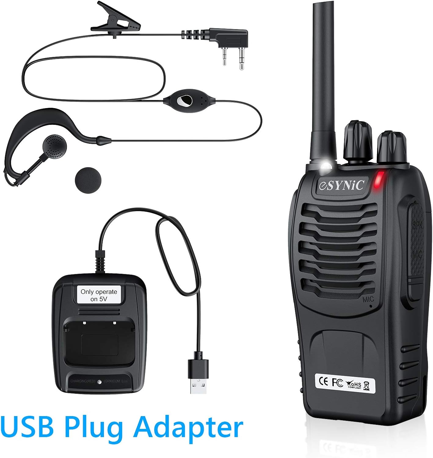 eSynic Rechargeable Walkie Talkies with Earpieces 2pcs Long Range Two-Way Radios 16 Channel USB Cable Charging Walky Talky Handheld Transceiver with
