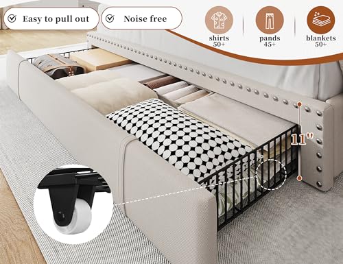 EnHomee Queen Bed Frame with 3 Storage Drawers, Upholstered Bed Frame Queen Size with 2-Tier Storage Headboard, Wooden Slats, No Box Spring Needed