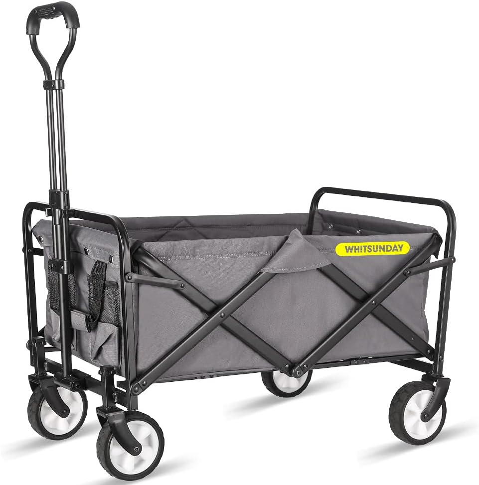 WHITSUNDAY Collapsible Folding Garden Outdoor Park Utility Wagon Picnic Camping Cart 5“ Solid Rubber Wheels (Compact Size, Grey)