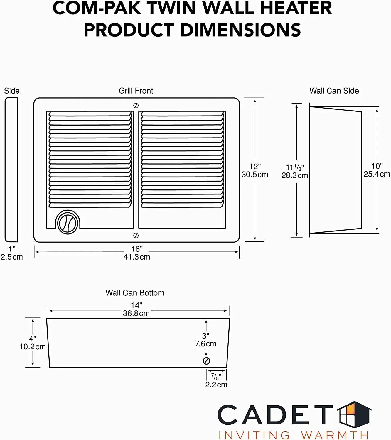 Cadet Com-Pak Twin Electric Wall Heater Complete Unit with Thermostat Model: CSTC402TW, Part: 67527, 13648/10236 BTU, 240/208 Volt, 4000/3000 Watt