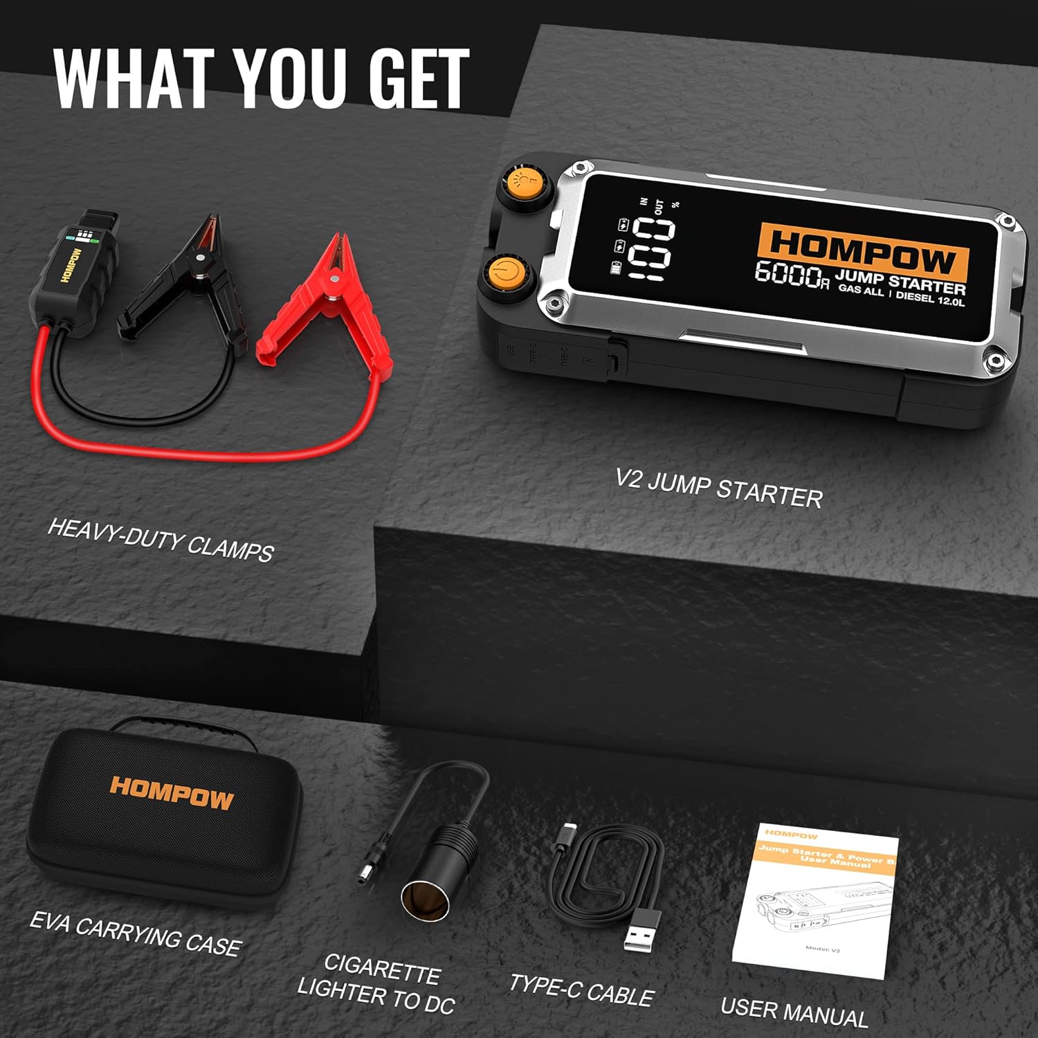Jump Starter, 6000A Peak Portable 12V Car Battery Charger for All Gas and Up to 12L Diesel Engine, 28000mAh Jump Box with LED Light, USB