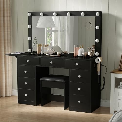 55" W Vanity Desk, Makeup Vanity with Charging Station, 15 Drawers with Lighted Mirror, 3 Lighting Modes, Brightness Adjustable, Glass Top