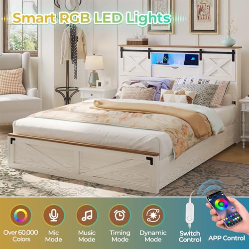 Hasuit Farmhouse Bed Frame California King Size with Storage Bookcase Headboard, Wooden Cal King Bed with LED Lights, Charging Station, 2 Drawers