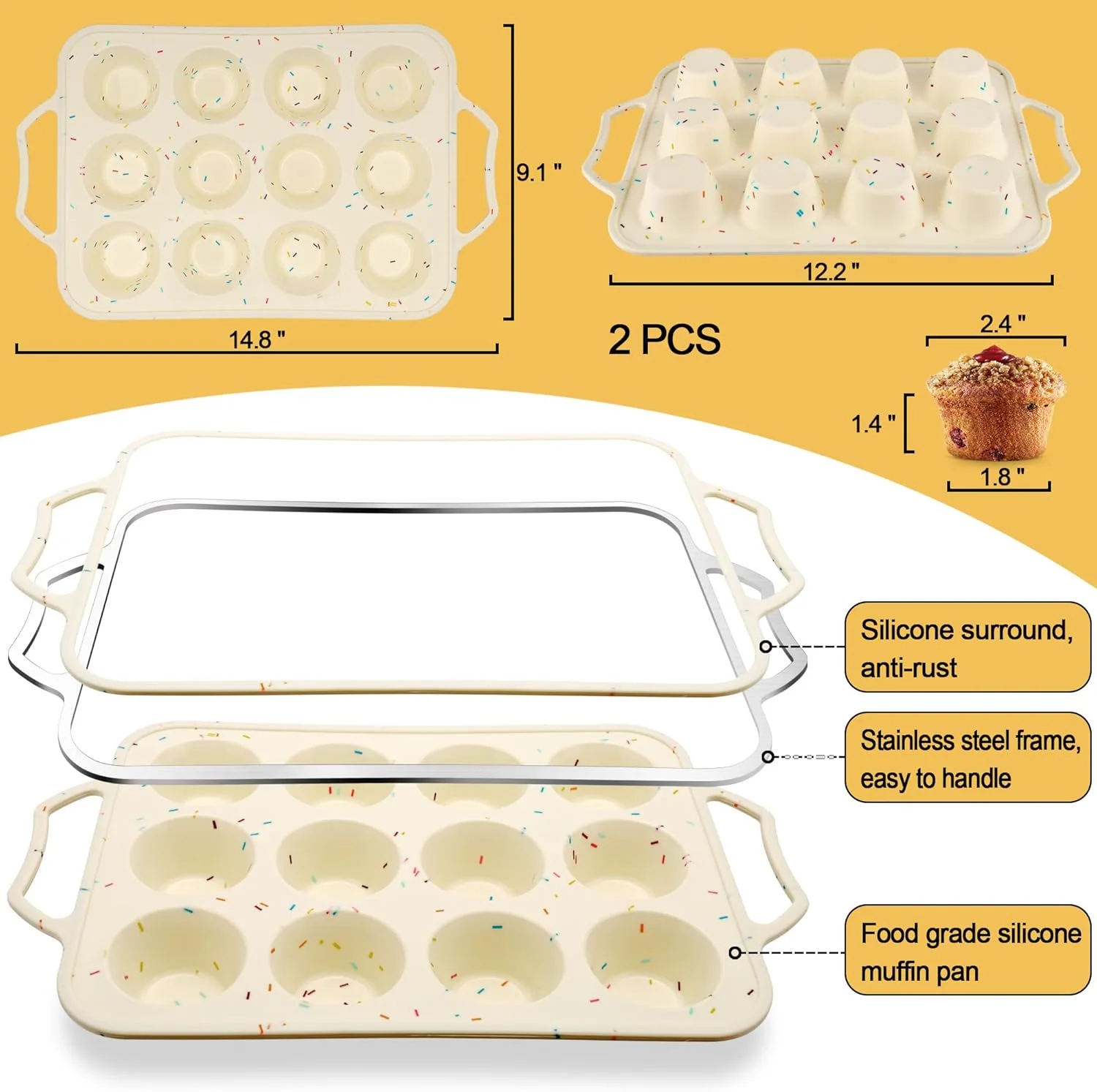 2 Pack Silicone Muffin Pans for Baking with Metal Reinforced Frame, 12 Cup Cupcake Baking Pans Nonstick for Oven