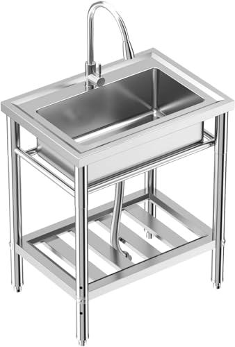 28"x20"x34" Stainless Steel Utility Sink, Freestanding Single Bowl with Hot & Cold Water Faucet
