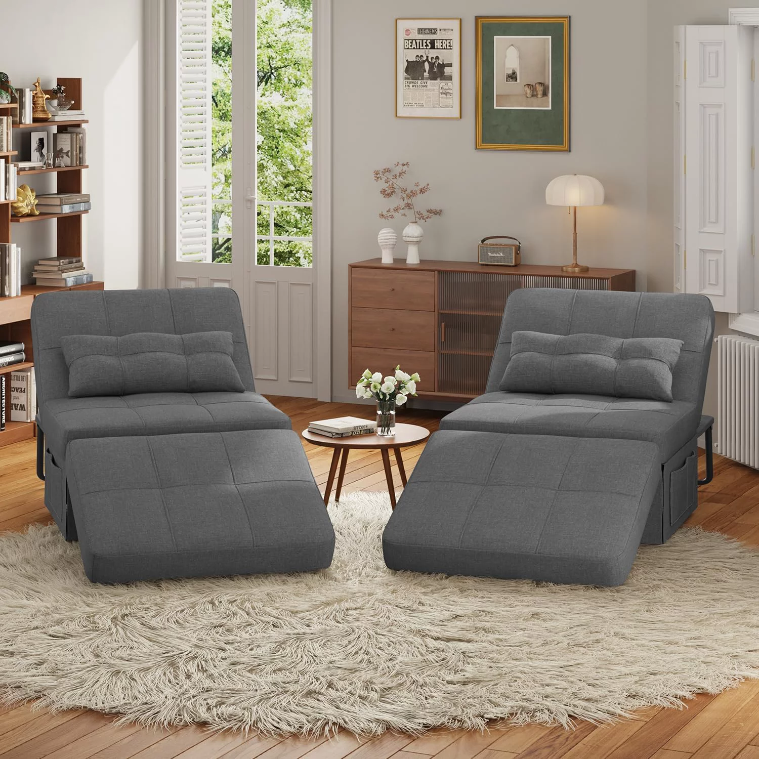 4 in 1 Sofa Bed, Sleeper Chair Bed Convertible Chair, Assembly-Free Sofa Chair Bed with Adjustable Backrest Breathable Linen