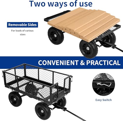 BILT HARD 880 lbs 10" Flat Free Tires Steel Garden Cart with 180° Rotating Handle and Removable Sides