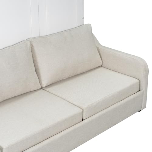Queen Size Murphy Bed with Sofa, Shelves, USB & Light, Can be Folded Wall Bed and Tall Cabinet with Glass Doors& Wine Rack