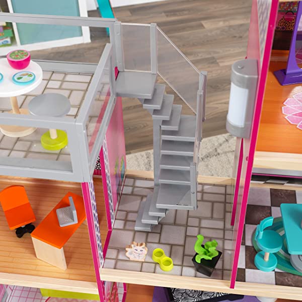 Wooden Modern Dollhouse with Lights & Sounds, Pool and 36 Accessories, Gift for Ages 3+ 49.25" x 25.25" x 46.25"