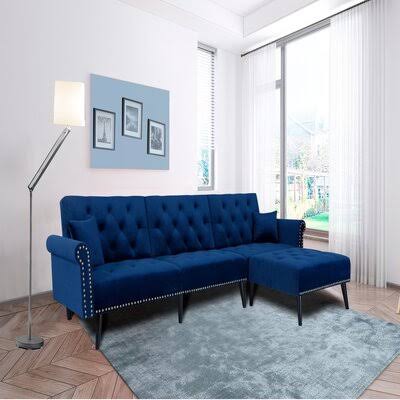 Convertible Sofa Bed Sleeper Light Grey Velvet Rosdorf Park Fabric: Navy Blue Velvet